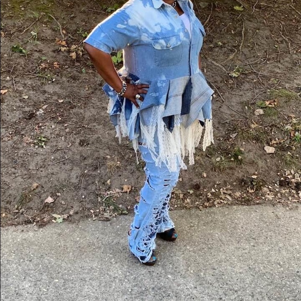 Custom made denim shirt ripped jeans wore once